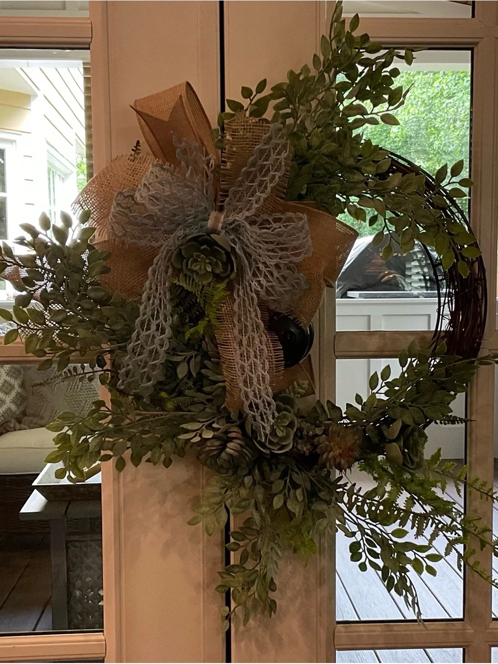 Green Succulent & Burlap Grapevine Wreath with Lace Bow